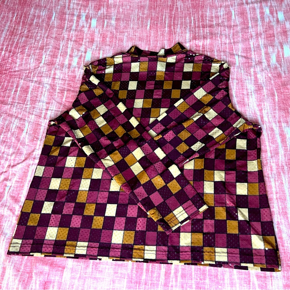 LANA LEE PETITE Vintage Multicolor Checkered Sequin Mock Neck Long Sleeve Top L